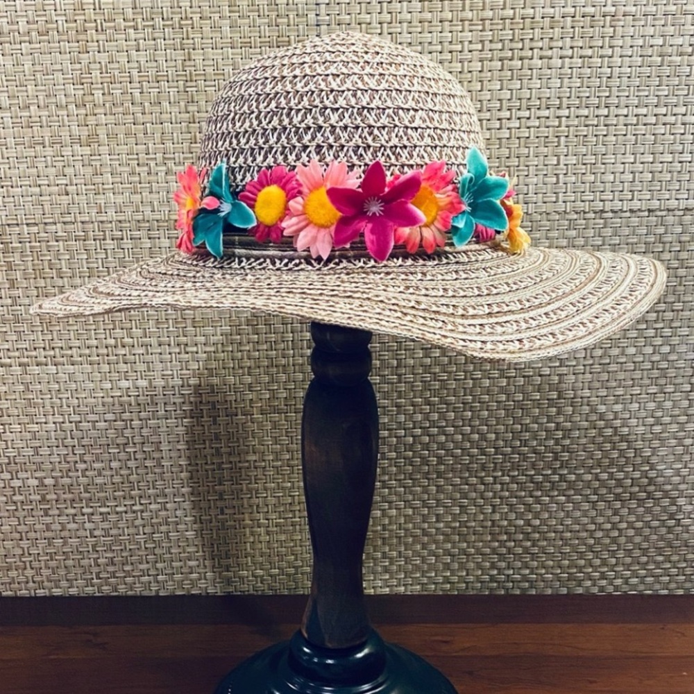 🌟2xHP🌟NWOT Marled Brown & Cream Floral Straw Hat